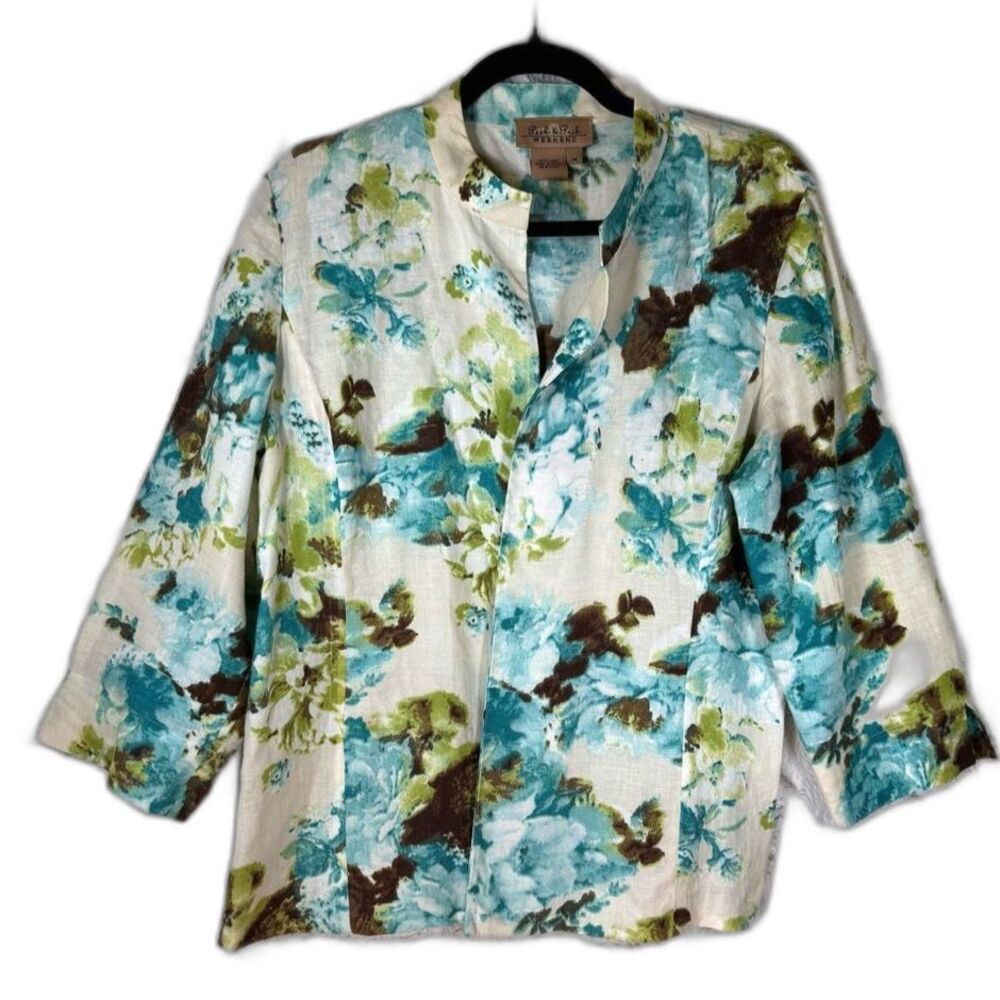 Peck & Peck‎ Women's Blazer 14 100% Linen Floral Open Lightweight Unlined